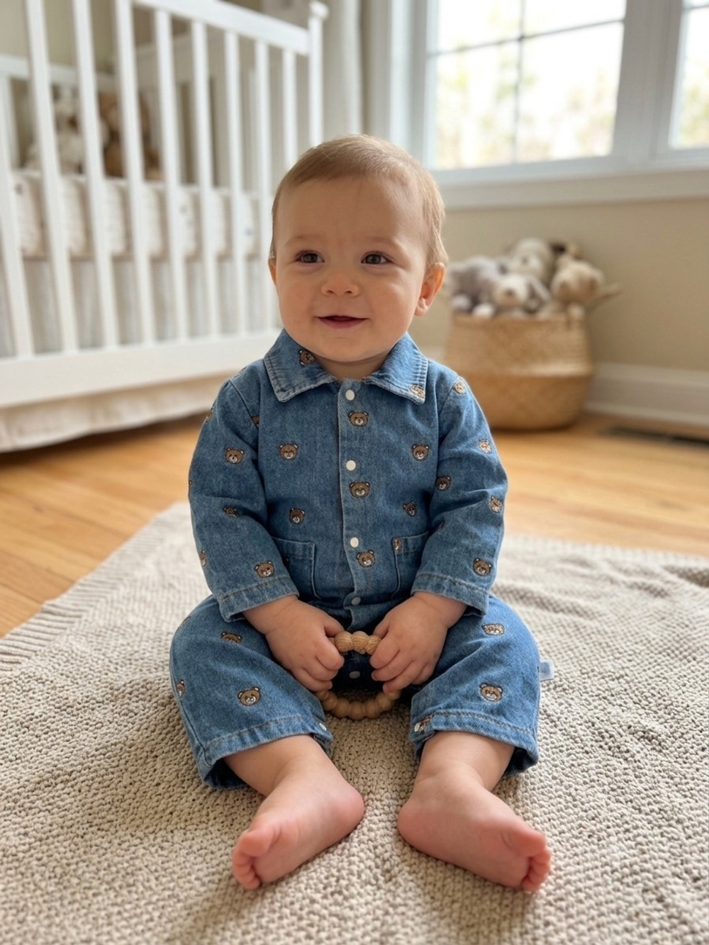 Mengerhui Denim Teddy Bear Romper Size 80 (9-12M) Long Sleeve Jumpsuit